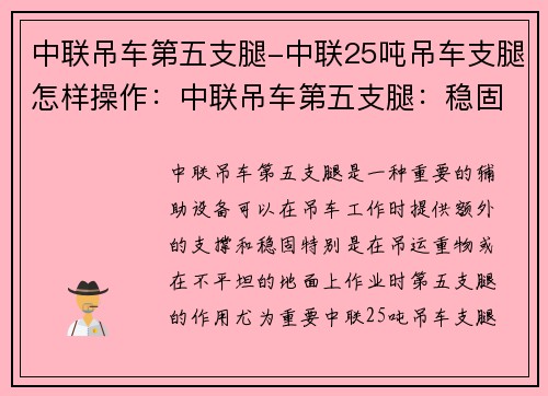 中联吊车第五支腿-中联25吨吊车支腿怎样操作：中联吊车第五支腿：稳固之助