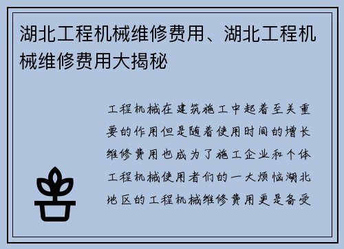 湖北工程机械维修费用、湖北工程机械维修费用大揭秘